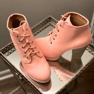 Peach Lace Up Heeled Bootie